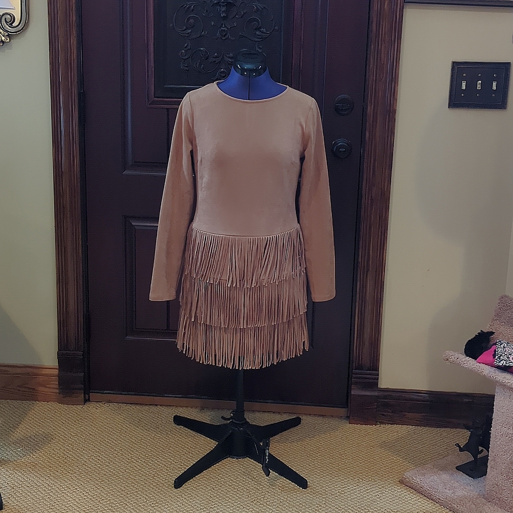 Peach Love California Tan Sheath Dress with Mock Neck and Long Sleeves